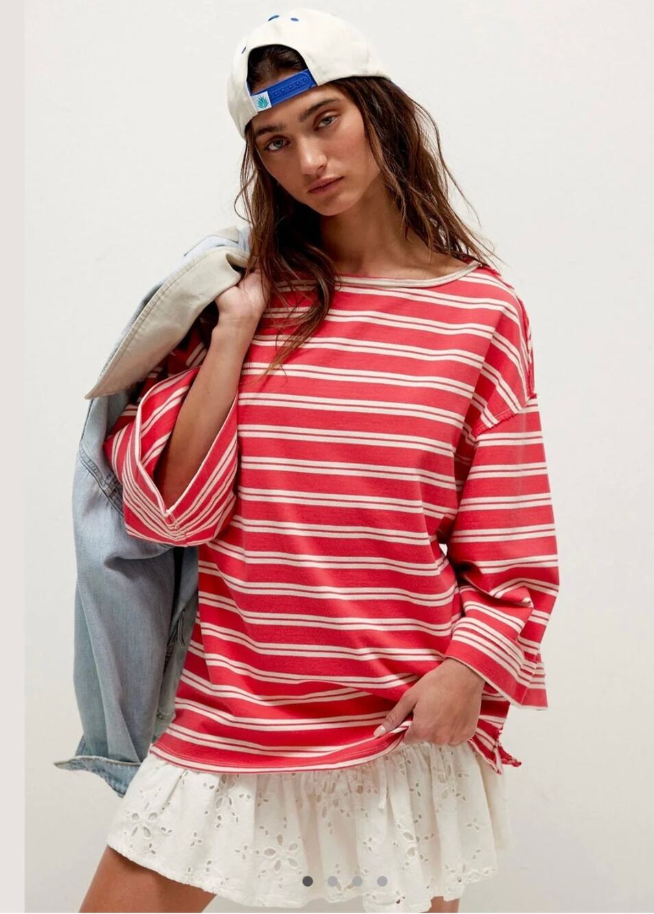 Free People Womens L Red Cream Stripe C’est La Vie Oversized Cotton Tee Top